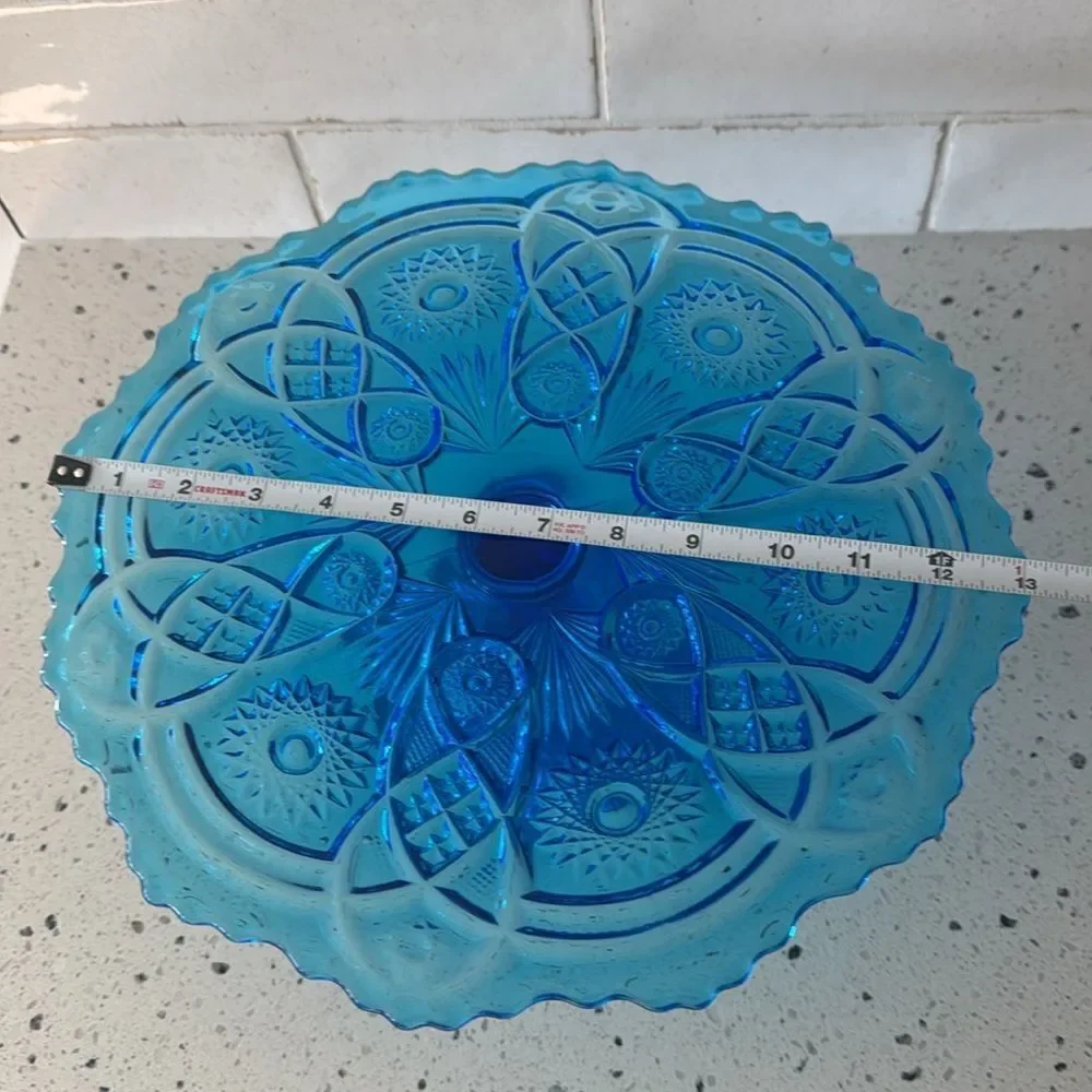 VINTAGE Imperial Glass Ohio Blue Bellaire Collectors Crystal Glass Cake Stand